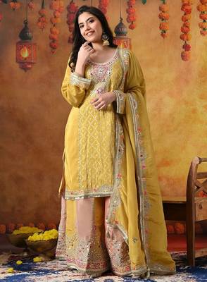 Yellow crepe embroidered sharara set 2