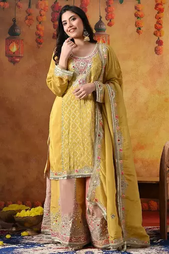 Yellow crepe embroidered sharara set