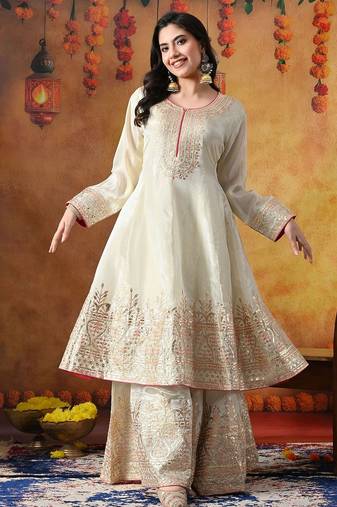 Golden cream tissue crepe embroidered sharara set