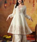 Golden cream tissue crepe embroidered sharara set