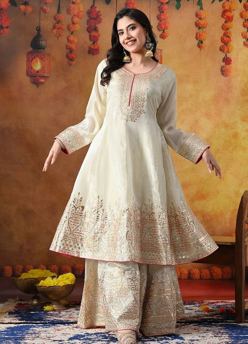 Golden cream tissue crepe embroidered sharara set