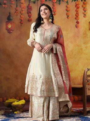Golden cream tissue crepe embroidered sharara set 2