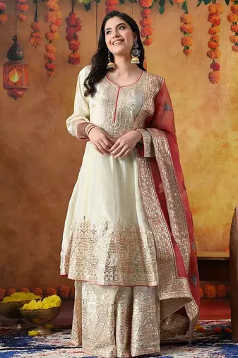 Golden cream tissue crepe embroidered sharara set