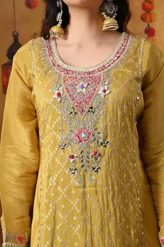 Yellow crepe embroidered sharara set