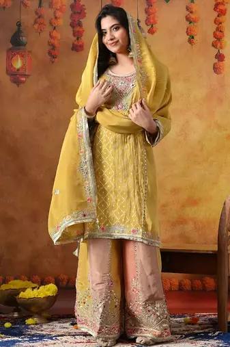 Yellow crepe embroidered sharara set
