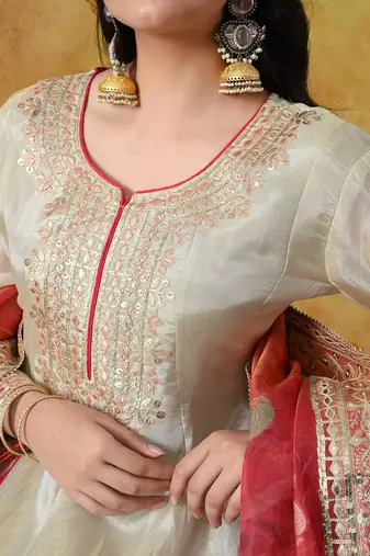 Golden cream tissue crepe embroidered sharara set