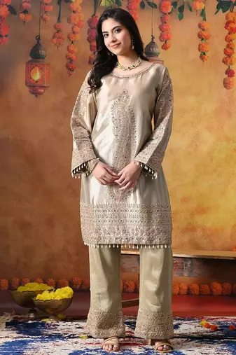 Golden tissue silk embroidered kurta set