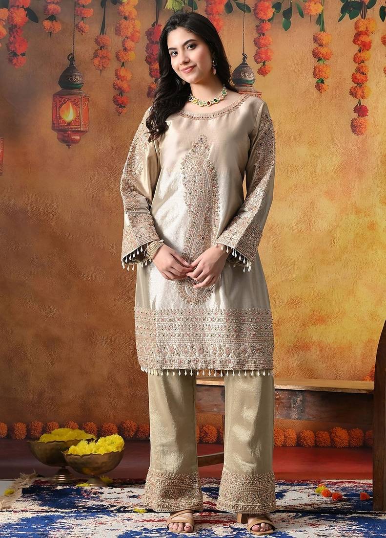 Golden tissue silk embroidered kurta set