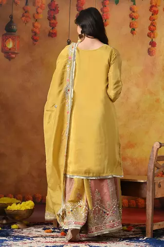 Yellow crepe embroidered sharara set
