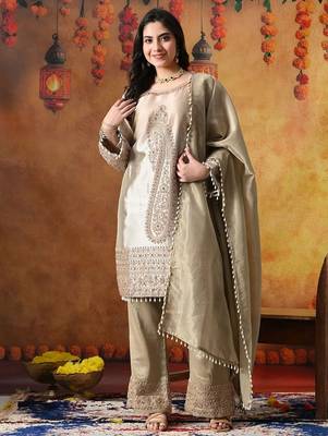 Golden tissue silk embroidered kurta set 2