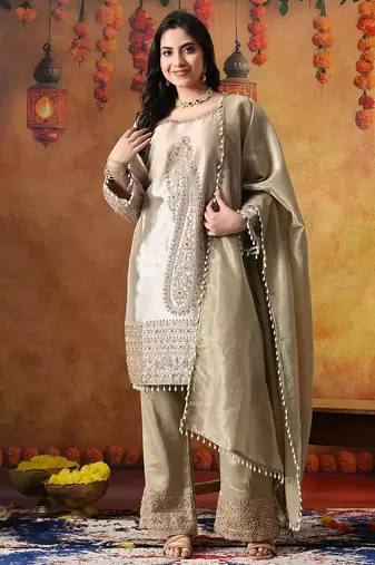 Golden tissue silk embroidered kurta set
