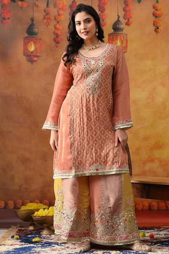 Creamy peach crepe embroidered sharara set