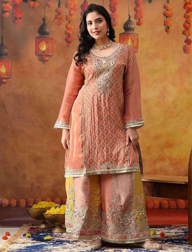 Creamy peach crepe embroidered sharara set