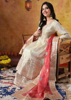 Golden cream tissue crepe embroidered sharara set 4