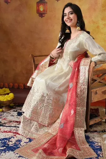 Golden cream tissue crepe embroidered sharara set