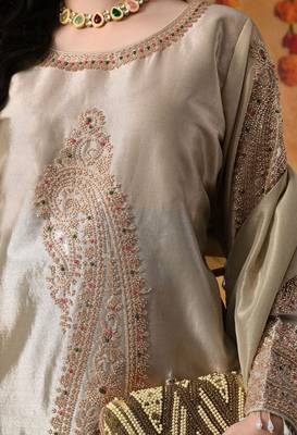 Golden tissue silk embroidered kurta set 3