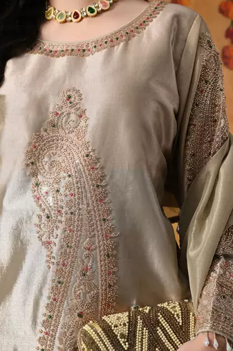 Golden tissue silk embroidered kurta set