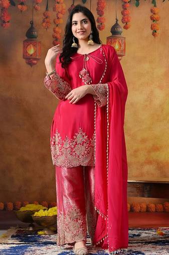 Hot pink chinon embroidered kurta set