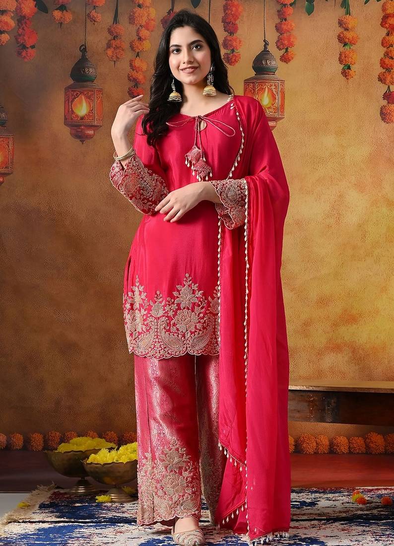 Hot pink chinon embroidered kurta set