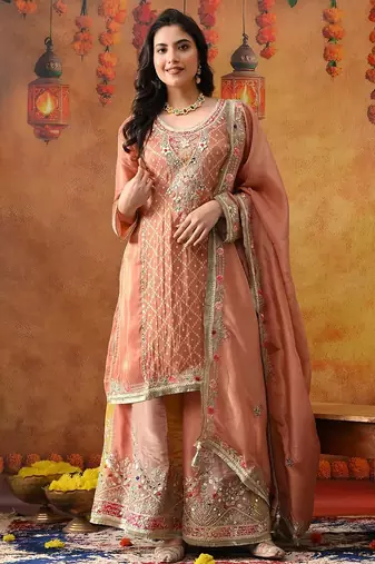 Creamy peach crepe embroidered sharara set