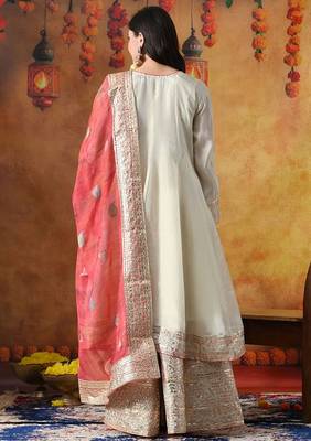 Golden cream tissue crepe embroidered sharara set 5