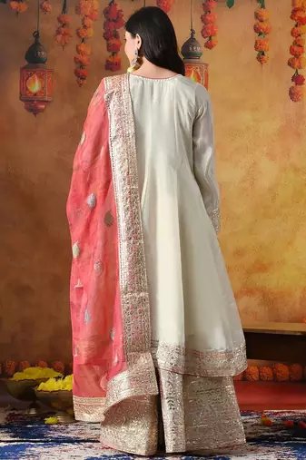 Golden cream tissue crepe embroidered sharara set