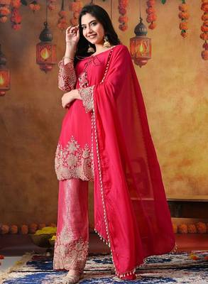 Hot pink chinon embroidered kurta set 2
