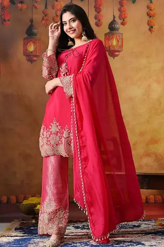 Hot pink chinon embroidered kurta set