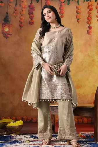 Golden tissue silk embroidered kurta set