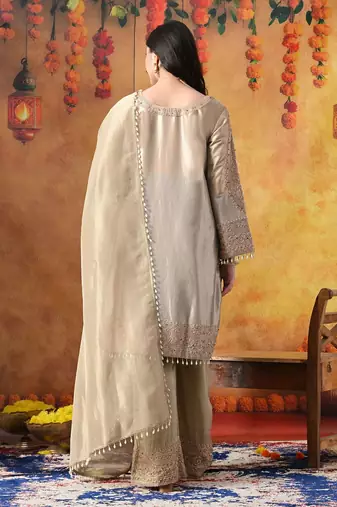 Golden tissue silk embroidered kurta set