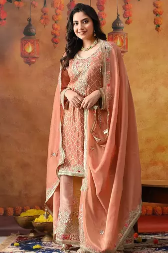 Creamy peach crepe embroidered sharara set