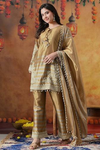 Golden tissue silk plain kurta set