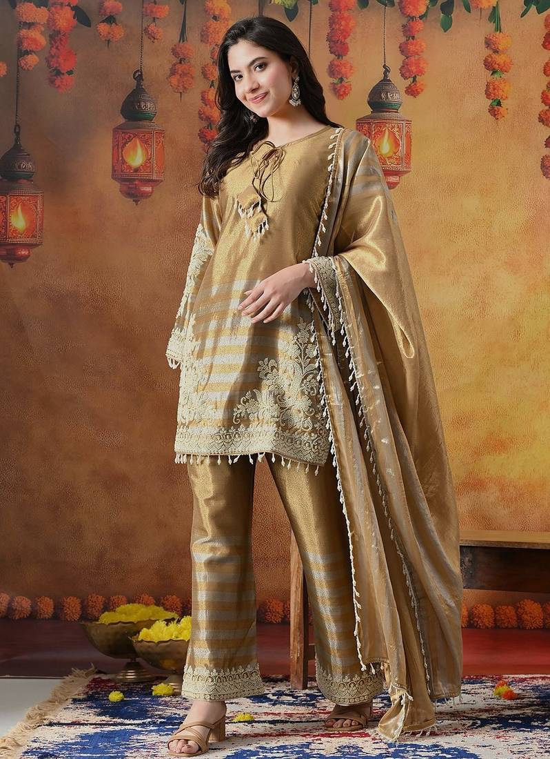 Golden tissue silk plain kurta set