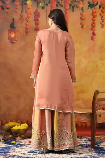 Creamy peach crepe embroidered sharara set