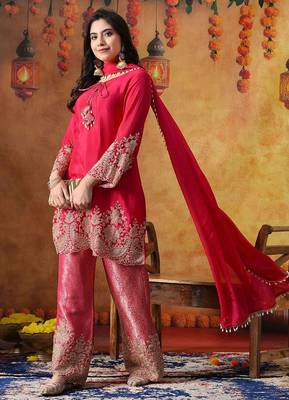 Hot pink chinon embroidered kurta set 4