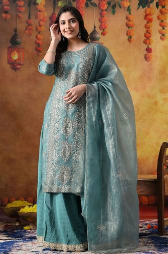 Turquoiesh blue tissue embroidered sharara set