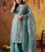 Turquoiesh blue tissue embroidered sharara set
