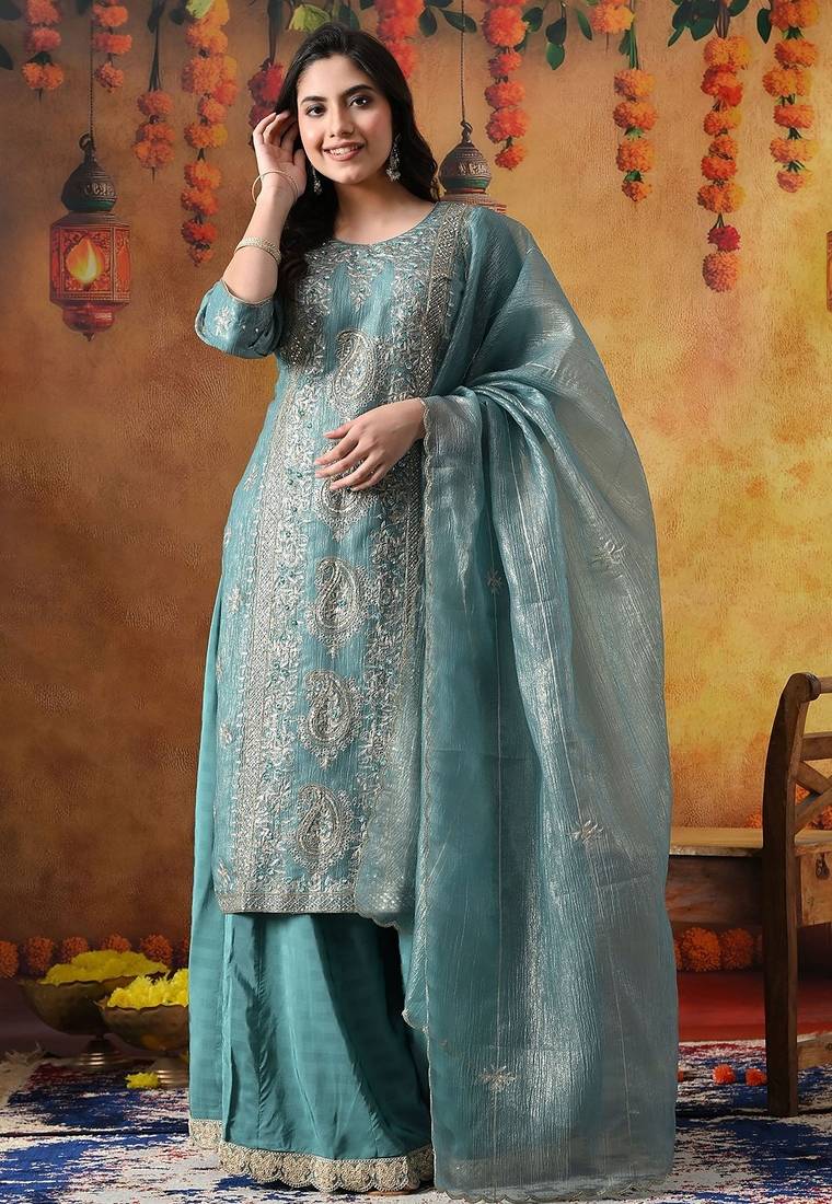 Turquoiesh blue tissue embroidered sharara set