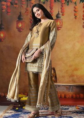 Golden tissue silk plain kurta set 2