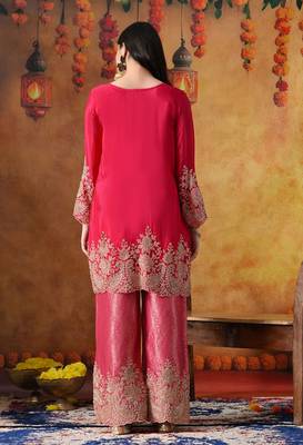 Hot pink chinon embroidered kurta set 5