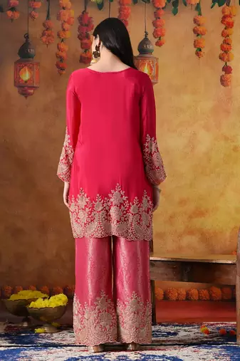 Hot pink chinon embroidered kurta set