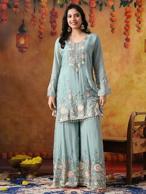 Sapphire blue chinon embroidered sharara set 1