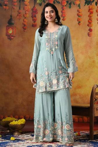 Sapphire blue chinon embroidered sharara set