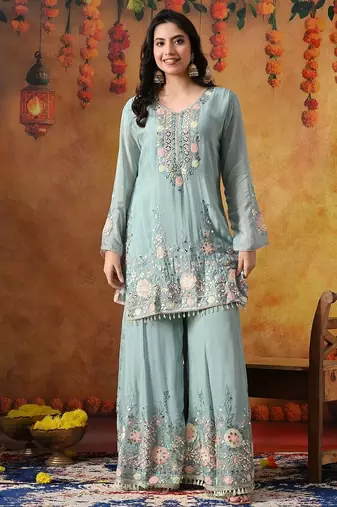 Sapphire blue chinon embroidered sharara set