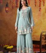 Sapphire blue chinon embroidered sharara set