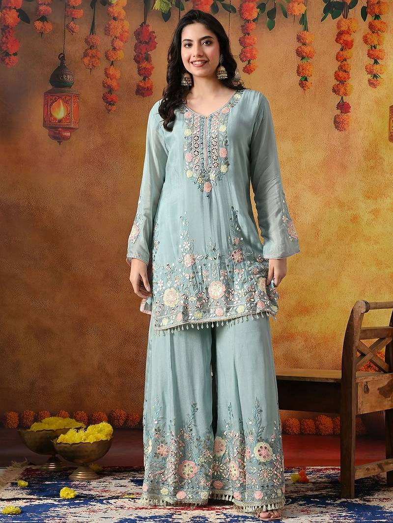 Sapphire blue chinon embroidered sharara set