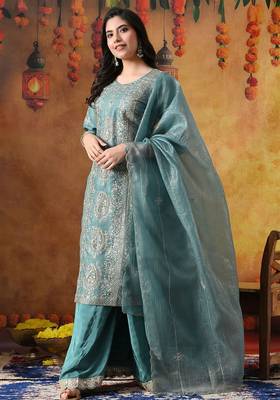 Turquoiesh blue tissue embroidered sharara set 2