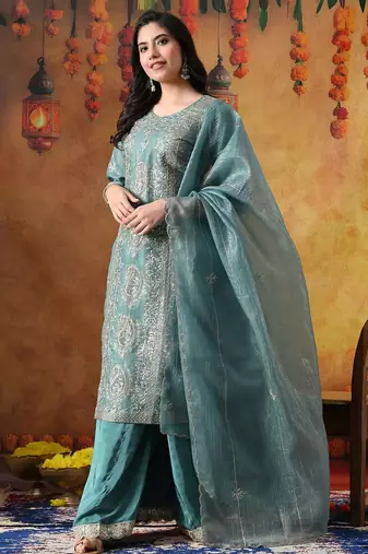 Turquoiesh blue tissue embroidered sharara set