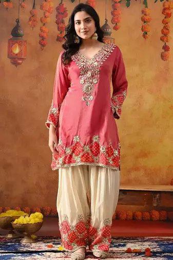 Pink tissue silk embroidered kurta set