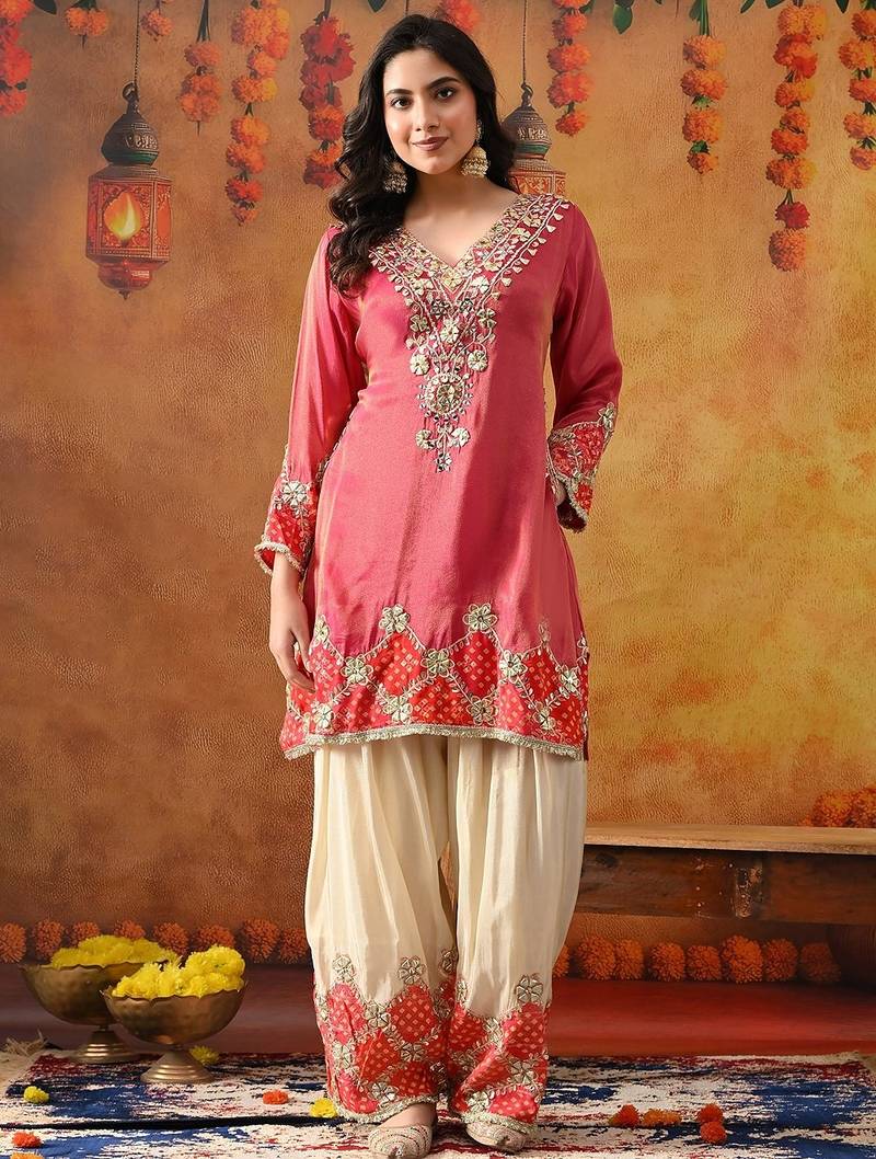 Pink tissue silk embroidered kurta set
